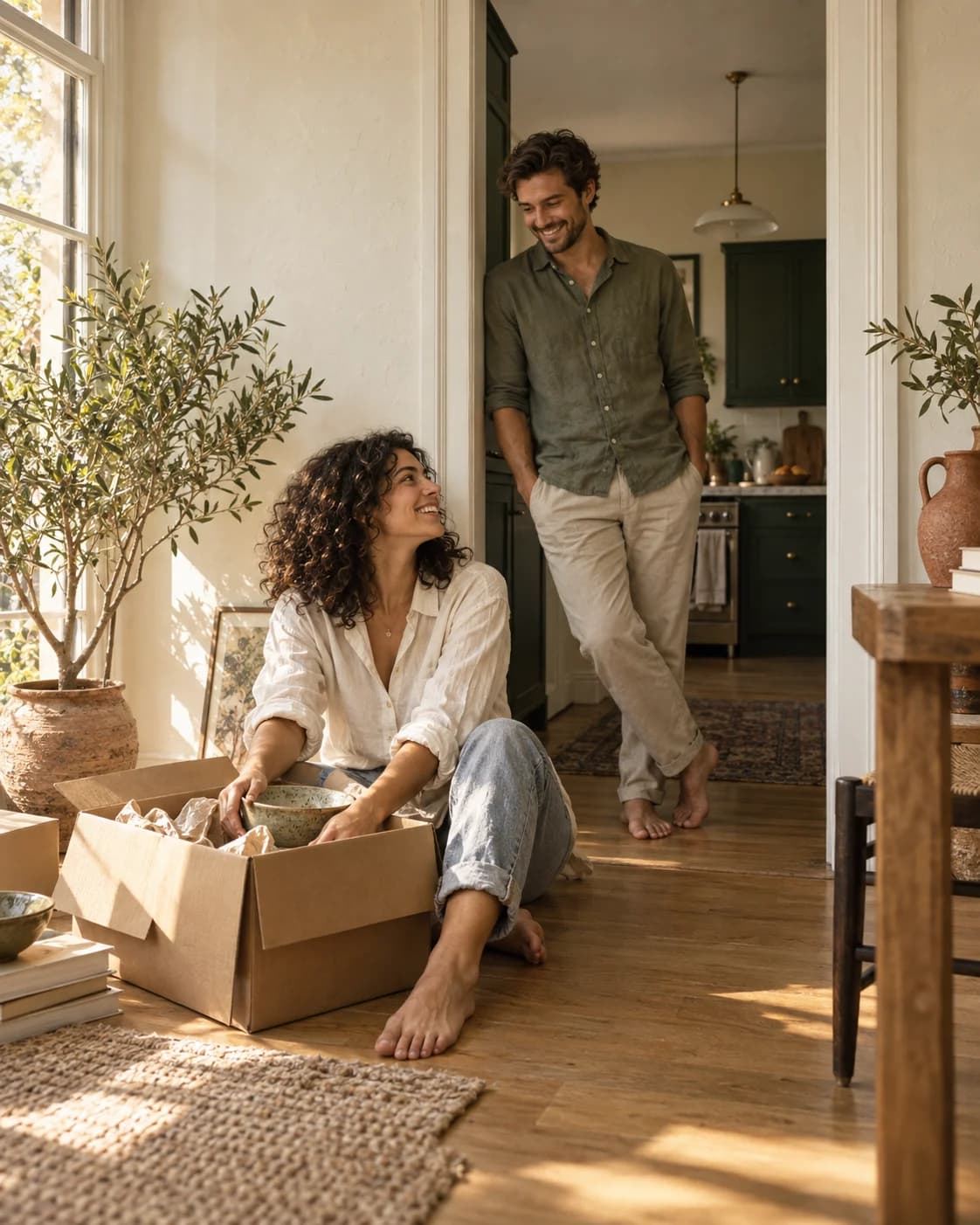 A couple settling into a sunlit home