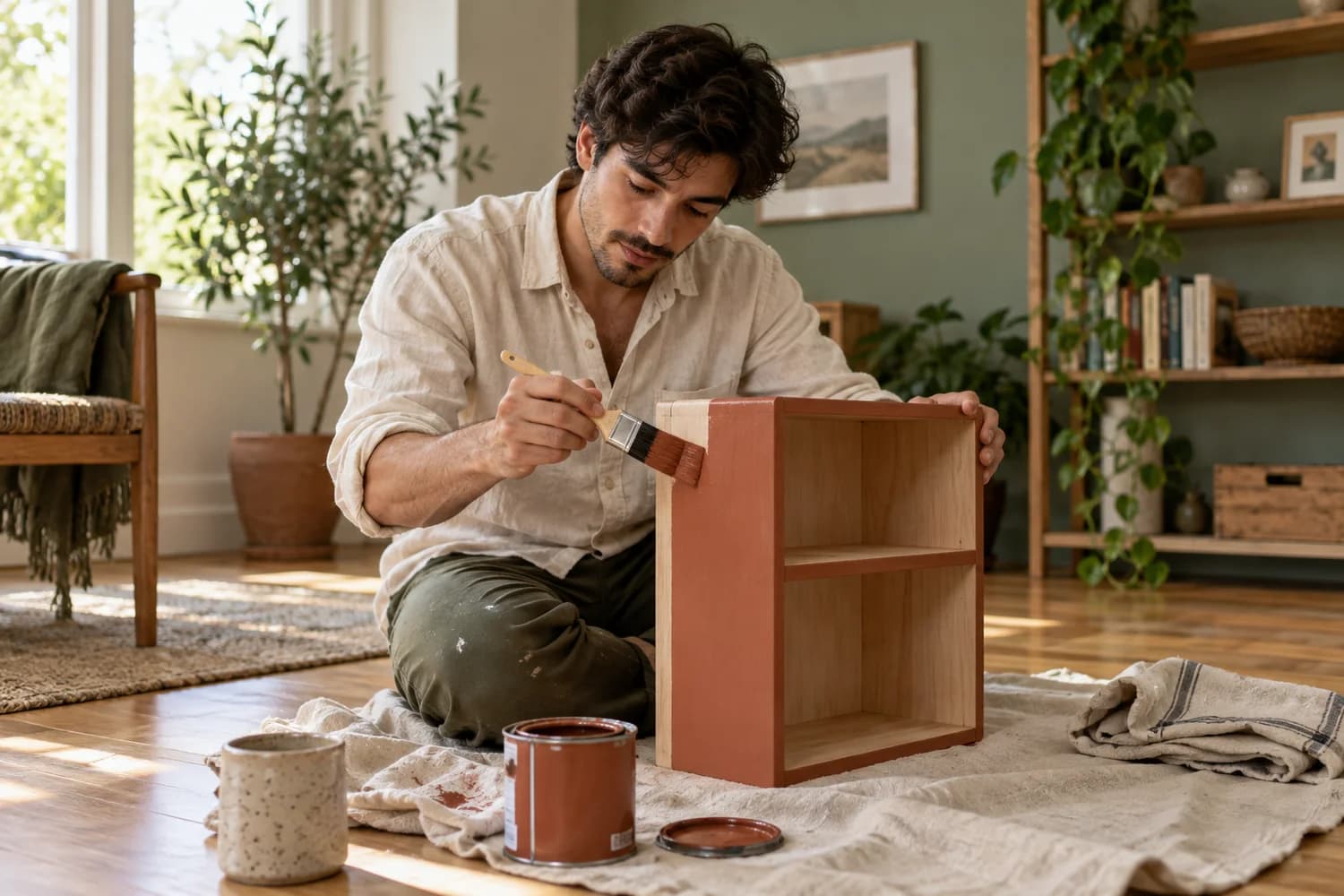 A man painting a wooden shelf during an everyday home project