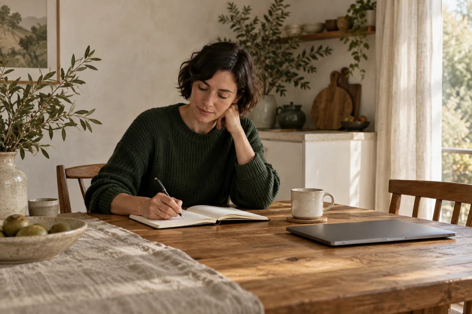 A woman making plans in a notebook at a sunlit kitchen table