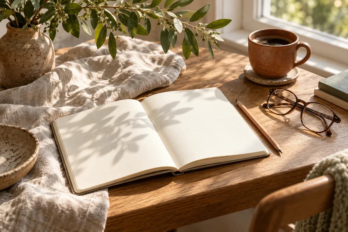 A notebook, reading glasses, and coffee on a sunlit wooden desk